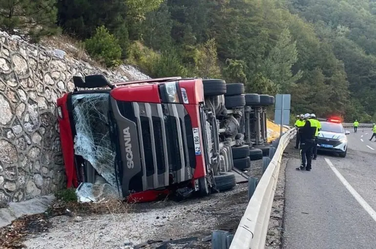Kontrolden çıkan yem yüklü tır devrildi
