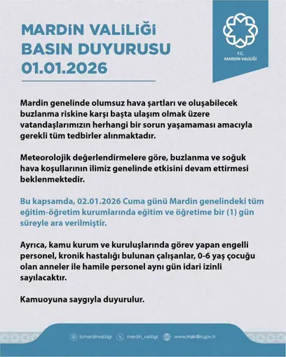 Mardin’de eğitime 1 gün ara verildi
