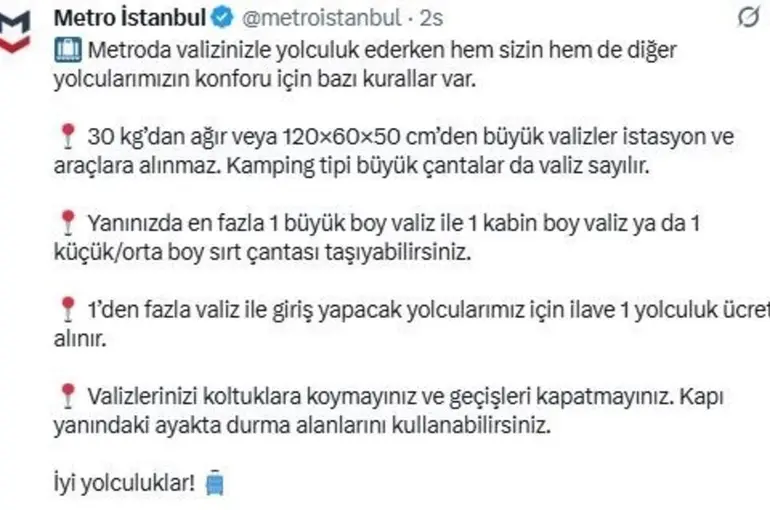 Metro İstanbul’da "valiz için ek ücret" dönemi
