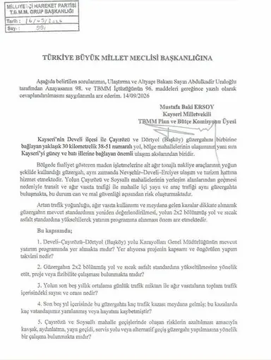 MHP’li Ersoy; Develi - Çayırözü- Dörtyol ulaşım güvenliğini meclise taşıdı
