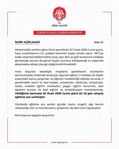 Niğde’de eğitime 1 gün ara verildi
