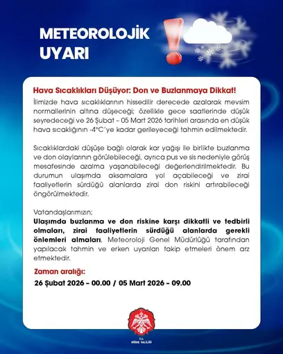 Niğde’de meteorolojik uyarı: Don ve buzlanmaya dikkat
