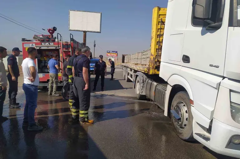 Parke taşı yüklü tır alev aldı
