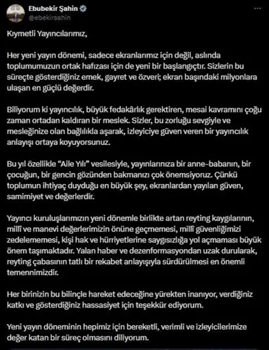 RTÜK Başkanı Şahin: "Reyting çabasının tatlı bir rekabet anlayışıyla sürdürülmesi en önemli temennimizdir"

