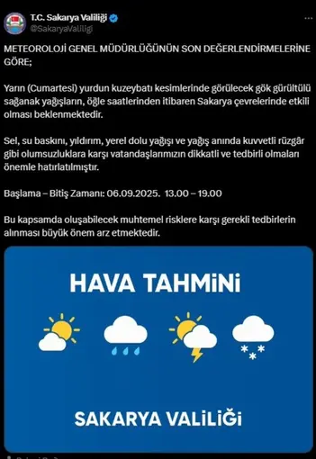 Sakarya’da kuvvetli sağanak yağış uyarısı
