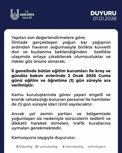 Şanlıurfa’da eğitime 1 gün ara verildi

