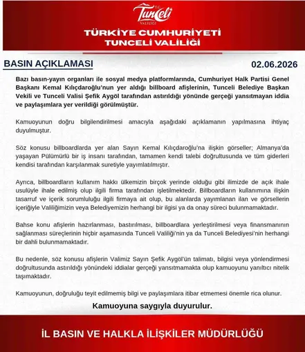 Tunceli Valiliğinden afiş açıklaması
