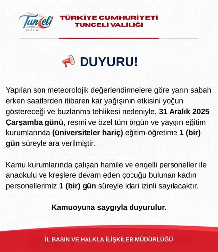 Tunceli’de eğitime 1 gün ara verildi
