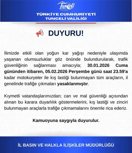Tunceli’de motokuryeler ve kış lastiği olmayan araçların trafiğe çıkışı yasaklandı
