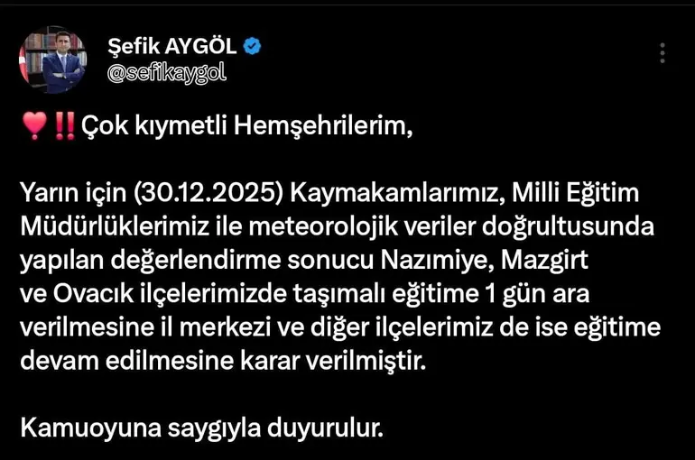 Tunceli’nin 3 ilçesinde taşımalı eğitime 1 gün ara verildi
