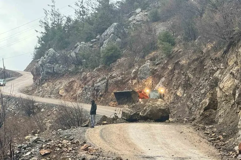 Yamaçtan kopan kaya yola düştü

