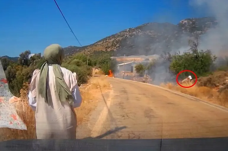Yol kenarındaki yangını gören tatilci aile alevlere yangın tüpüyle müdahale etti
