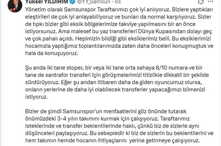 Yüksel Yıldırım: "2-3 yıl içinde ligin ilk 5’inde kalıcı olacağız"
