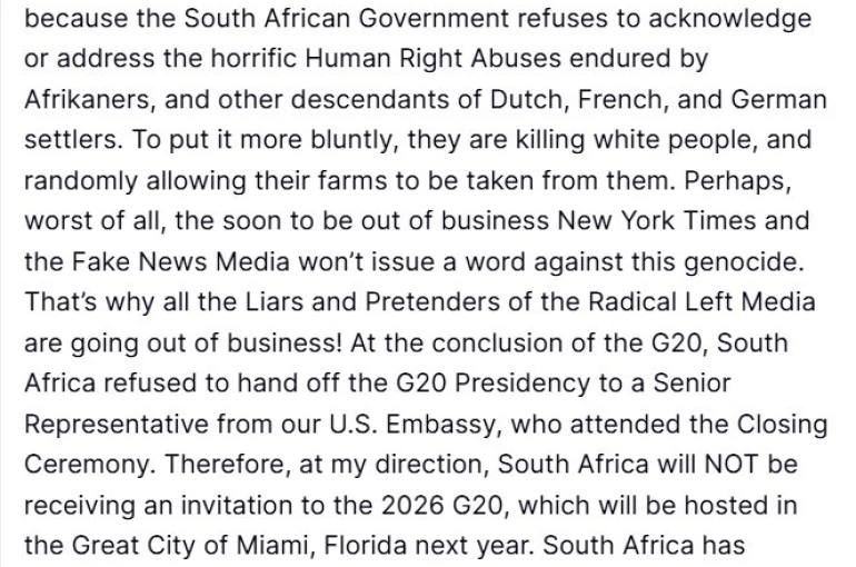 ABD Başkanı Donald Trump: "Güney Afrika Miami’de yapılacak 2026 G20 Zirvesi’ne davet edilmeyecek"