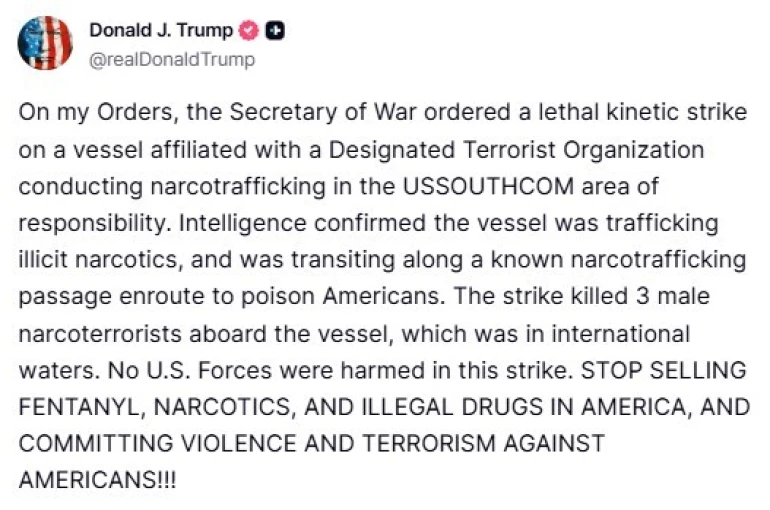 ABD Başkanı Trump: "Uyuşturucu taşıyan bir tekneye saldırı düzenleyerek 3 narko-teröristi öldürdük" 