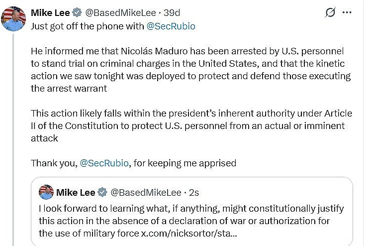 ABD’li Senatör Lee: "Dışişleri Bakanı Rubio, Maduro’nun ABD’de yargılanmak üzere tutuklandığını bildirdi" 