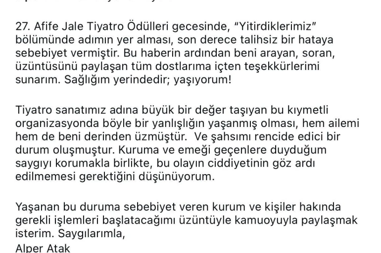 Afife Jale Tiyatro Ödülleri’nde akılalmaz hata: Oyuncu Alper Atak hayatını kaybedenler arasında anıldı