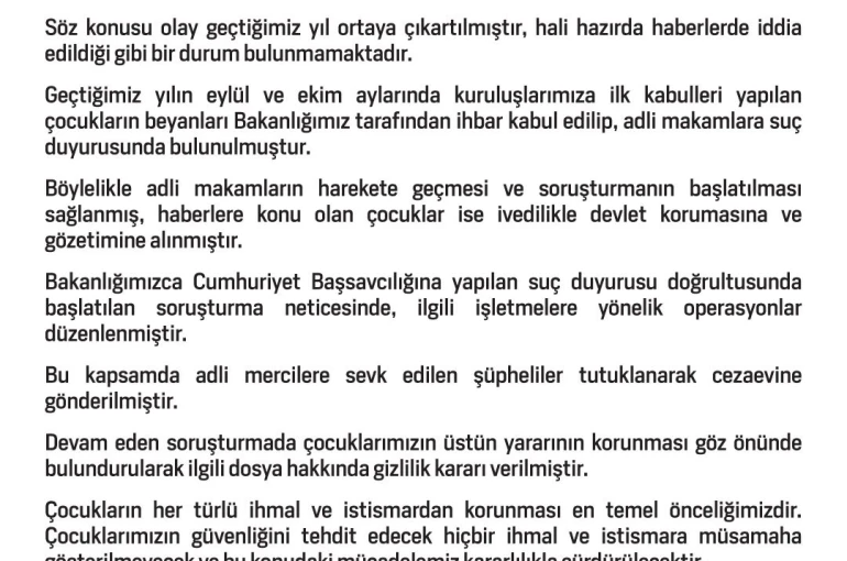 Aile ve Sosyal Hizmetler Bakanlığı: "(Gece kulüplerinde kız çocuklarının çalıştırıldığı iddiası) Söz konusu olay geçtiğimiz yıl ortaya çıkartılmıştır"