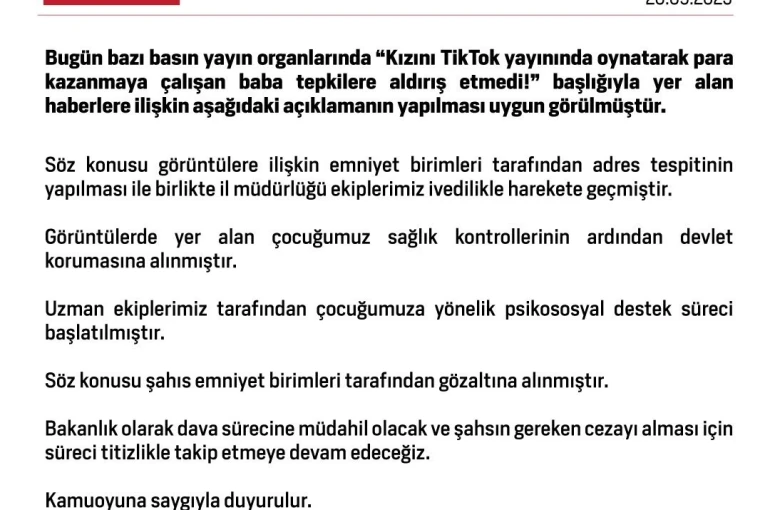Aile ve Sosyal Hizmetler Bakanlığı Tiktok’ta dans ettirilen kızı devlet korumasına aldı