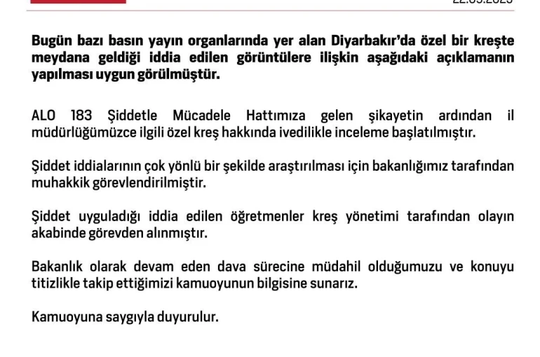 Aile ve Sosyal Hizmetler Bakanlığı’ndan Diyarbakır’daki özel kreş hakkında inceleme 