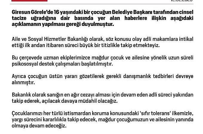Aile ve Sosyal Hizmetler Bakanlığından Görele’deki taciz iddiasıyla ilgili açıklama: "Sıfır toleransla, yargı sürecini kararlılıkla takip edeceğiz"