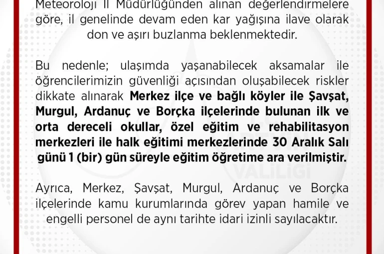 Artvin merkez ve 4 ilçede kar nedeniyle eğitime 1 gün ara verildi 