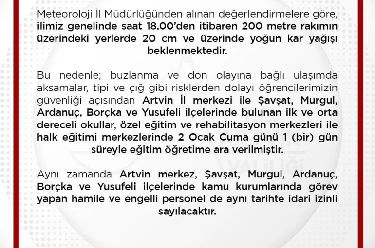 Artvin’de eğitime 1 gün ara verildi 