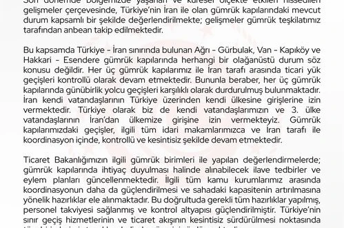 Bakan Bolat: "İran ile olan gümrük kapılarındaki mevcut durum anbean takip edilmektedir"