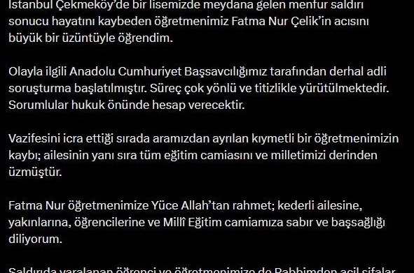 Bakan Gürlek: "(Öğretmen Fatma Nur Çelik) Olayla ilgili derhal adli soruşturma başlatılmıştır"