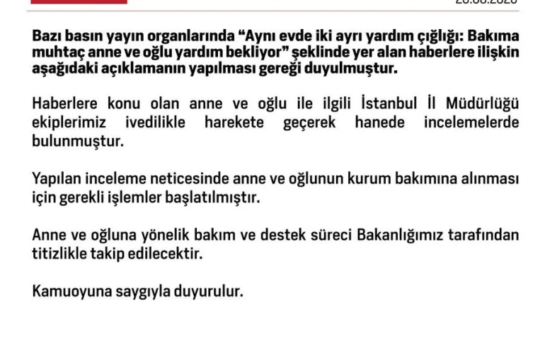 Bakanlıktan ’bakıma muhtaç anne ve oğlu’ ile ilgili açıklama: "Kurum bakımına alınmaları için gerekli işlemler başlatılmıştır" 