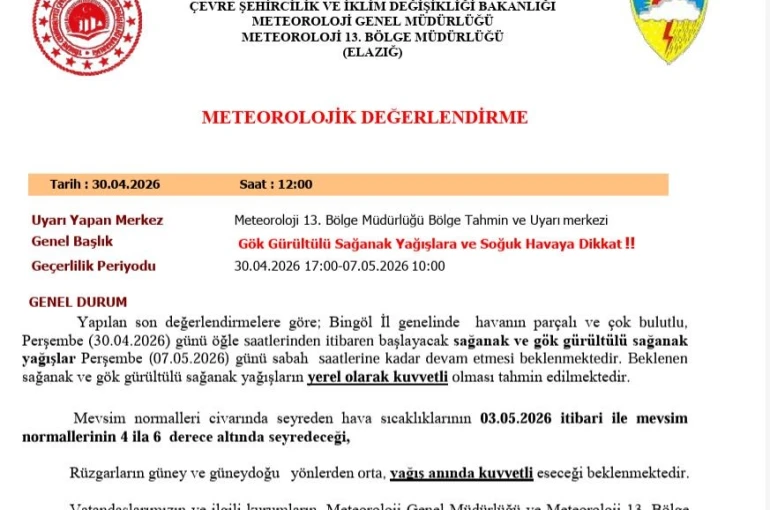 Bingöl için sağanak yağış uyarısı 