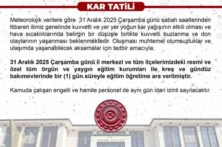 Bingöl’de eğitime 1 gün ara verildi 