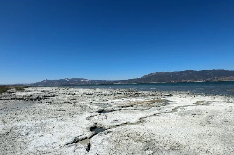Burdur Gölü’nde balık tutmayı hayal ederken kuruyan gölde otlayan keçileri izliyor