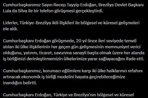 Cumhurbaşkanı Erdoğan, Brezilya Devlet Başkanı Silva ile telefonda görüştü 
