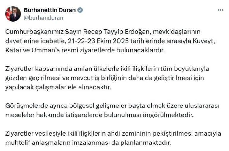 Cumhurbaşkanı Erdoğan, Kuveyt, Katar ve Umman'ı ziyaret edecek