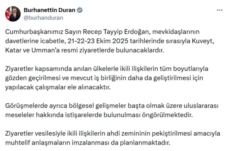 Cumhurbaşkanı Erdoğan, Kuveyt, Katar ve Umman’ı ziyaret edecek 