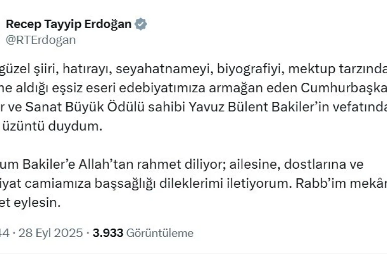 Cumhurbaşkanı Erdoğan’dan Bakiler için başsağlığı mesajı 