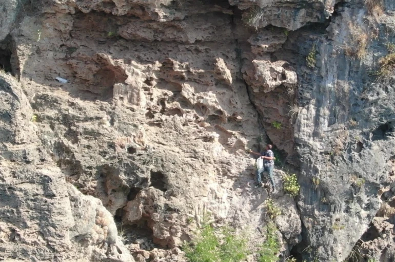 Denize sıfır sarp kayalıklarda ot topluyor, gören itfaiyeyi arıyor 