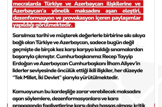 DMM’den Türkiye ve Azerbaycan ilişkilerine yönelik dezenformasyon içeren paylaşımlar hakkında açıklama 
