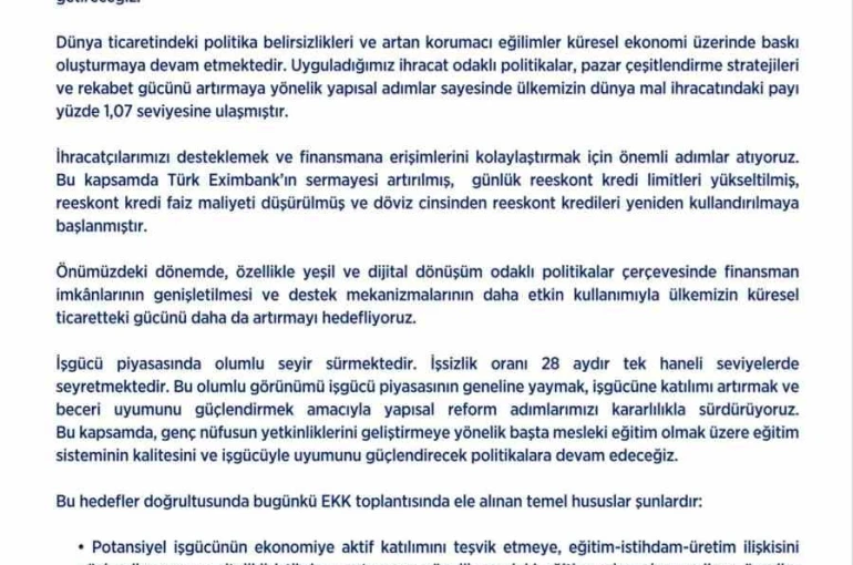 Ekonomi Koordinasyon Kurulu: "Enflasyonu tek haneye indirmek ve kalıcı refah artışı sağlamak hedefimiz" 