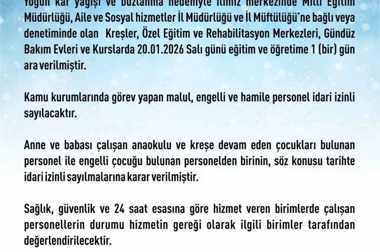 Elazığ’da rehabilitasyon ve bakımevi kurslarına 1 gün daha kar tatili 