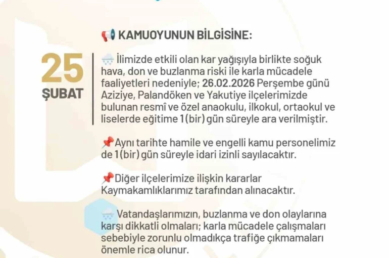 Erzurum’da okullara bir gün kar tatili
