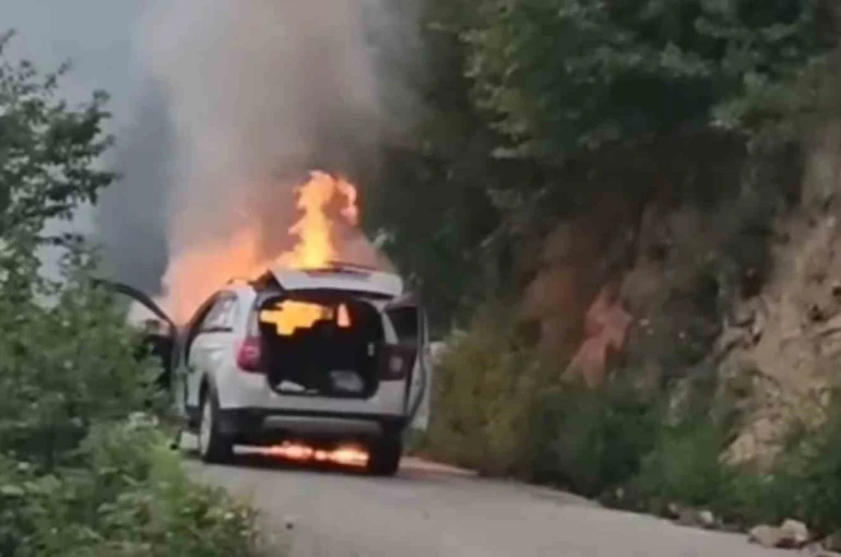 Giresun’da seyir halindeki otomobil alevlere teslim oldu: 5 kişilik aile son anda kurtuldu 
