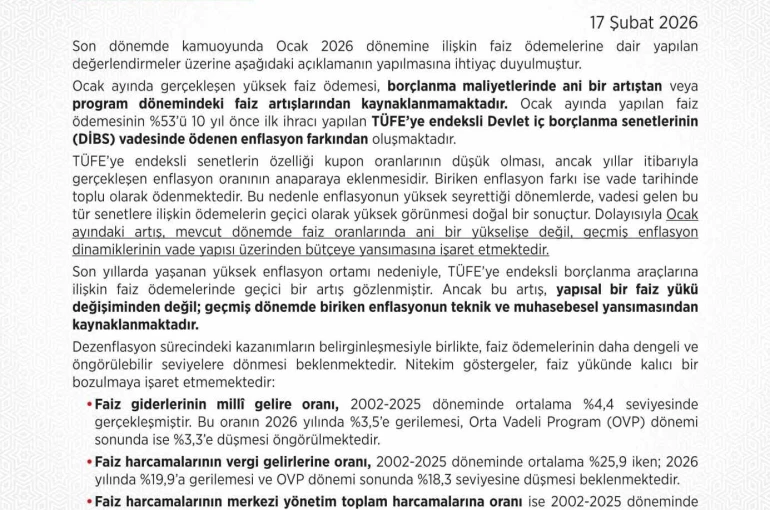 Hazine ve Maliye Bakanlığı: "Enflasyonun yüksek seyrettiği dönemlerde ödemelerin geçici olarak yüksek görünmesi doğal bir sonuçtur" 