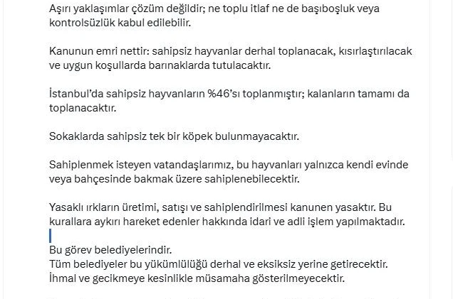 İstanbul Valisi Davut Gül: "Sahipsiz hayvanların yüzde 46’sı toplanmıştır; kalanların tamamı da toplanacaktır" 