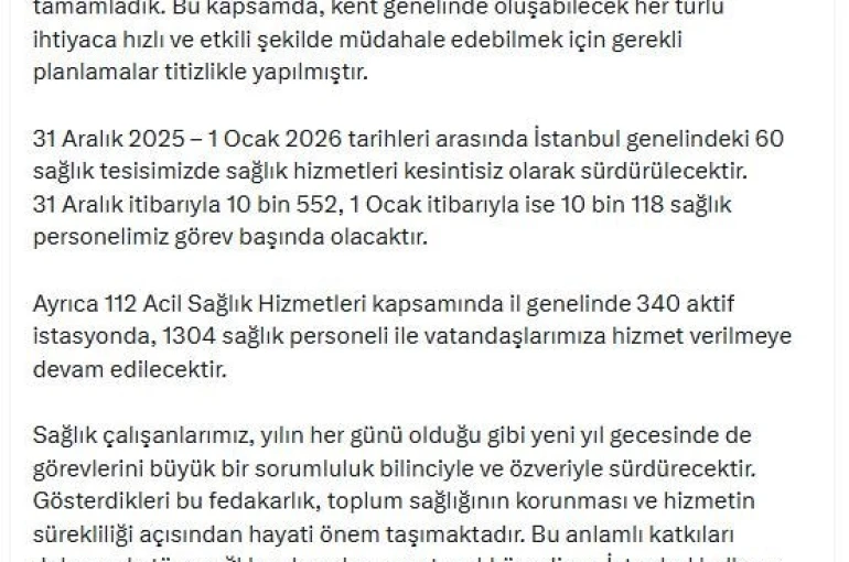 İstanbul’da yılbaşı hazırlığı: 31 Aralık’ta 10 bin 552 sağlık çalışanı görevinin başında olacak 