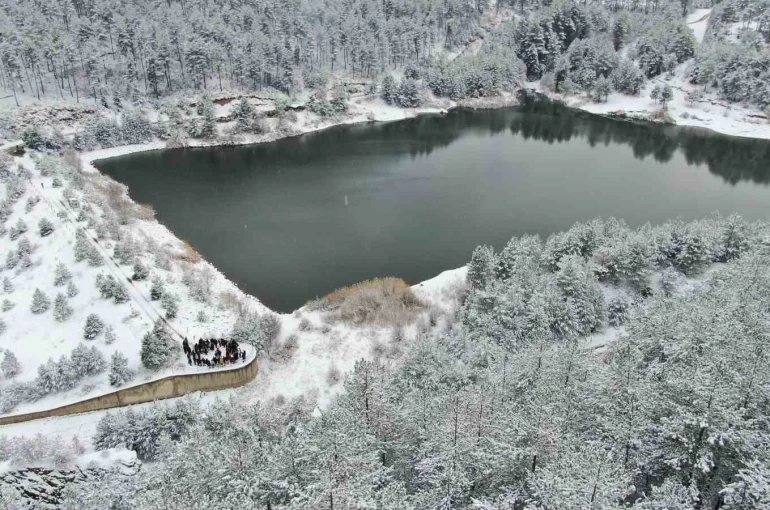 Karla kaplı orman içerisindeki gölet, kış manzarasıyla mest ediyor 