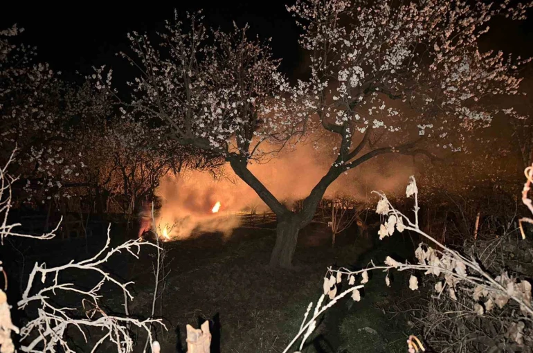 Kayısı bahçelerini ateş ve dumanla donmaya karşı koruyorlar 