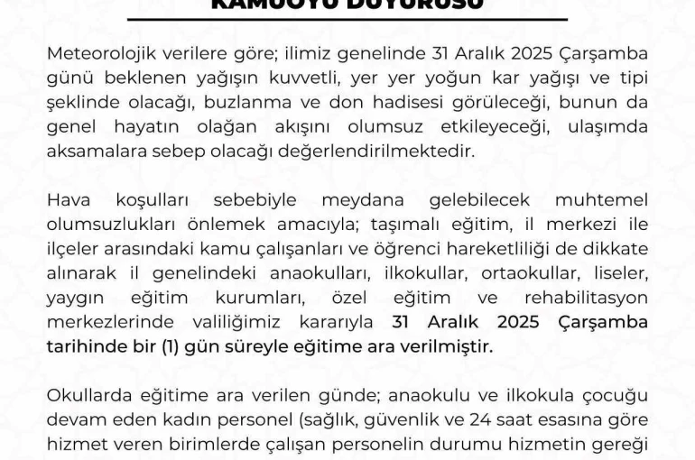 Kayseri’de eğitime 1 gün ara verildi 