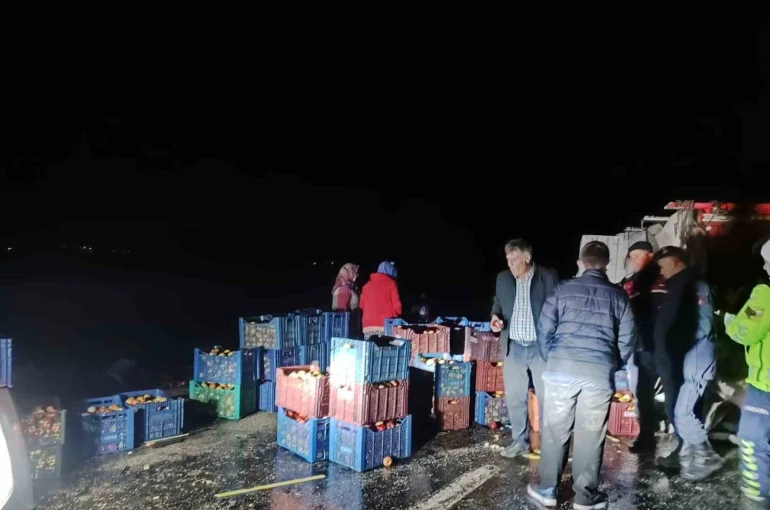 Kazada çevreye dağılan elmaları köy sakinleri topladı 